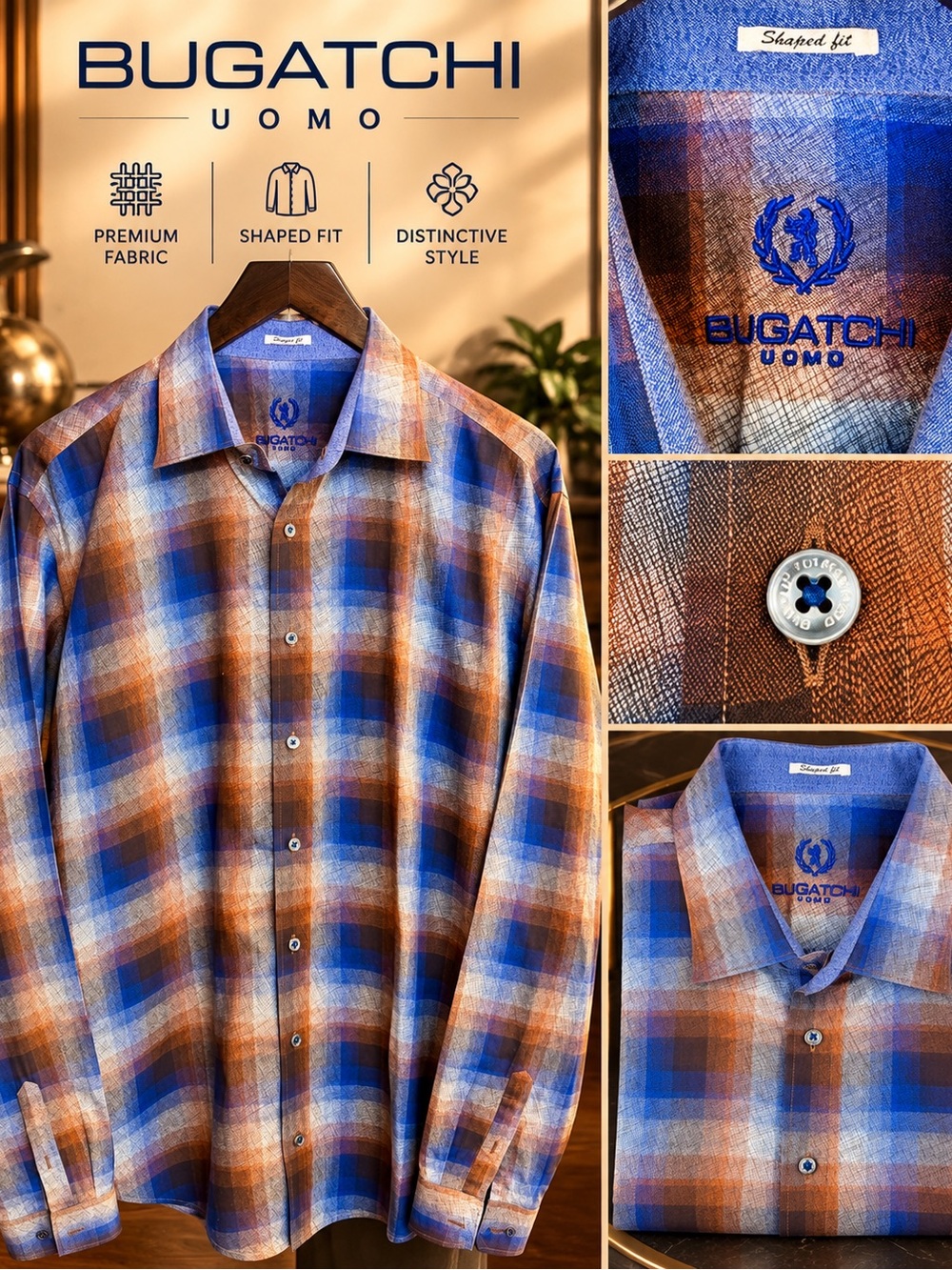 Bugatchi Uomo Men’s Long Sleeve Plaid Shirt Blue Brown Orange Shaped Fit XL